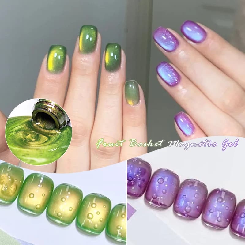MEET ACROSS Guava & Grape Color Cat Magnetic Gel Green Glass Bead Cat Eye Gel Soak Off UV Gel Nail Art Varnish Salon Home DIY