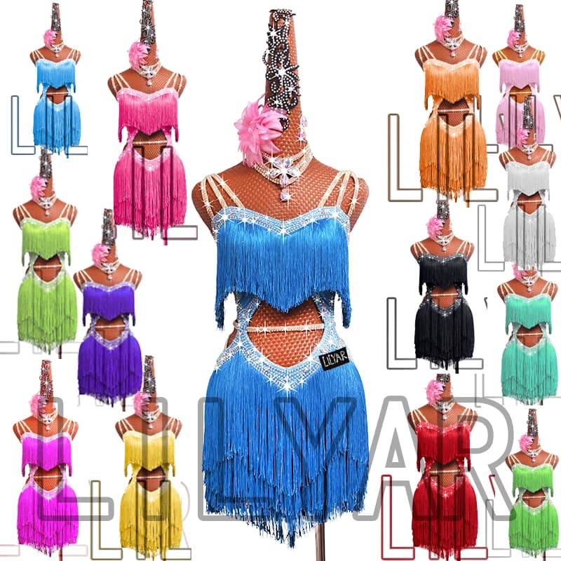 New Professional Latin Dance Competition Performance Dress With Sea Blue Tassel Short Open Waist Sparkling Diamond Dance Skirt