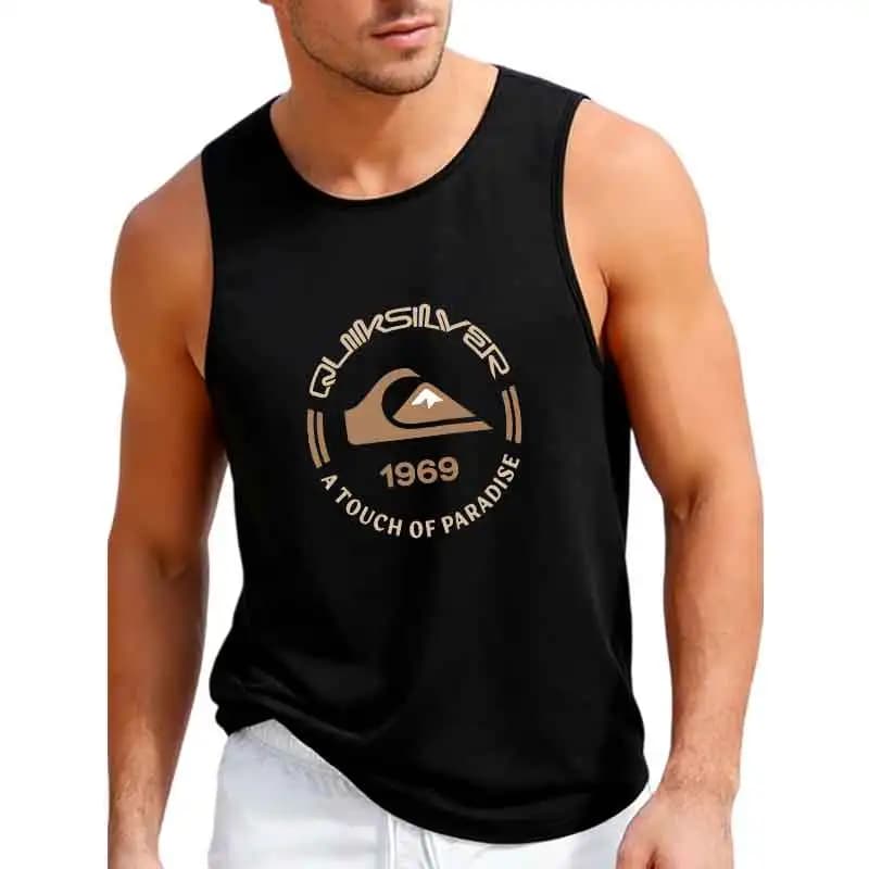 Men's Quiksilver 1969 Logo Print Tank Top Black Summer Lightweight and Breathable Casual Sleeveless Men's T-Shirts and Tank Tops