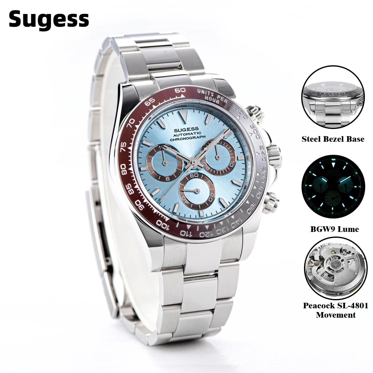 Sugess Diving Mens Watch Panda Automatic Mechanical Chronograph Peacock SL4801 Movement Wristwatch Waterproof Ceramic Bezel New