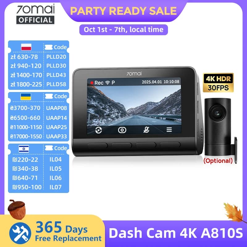 70mai A810S 4K Dash Cam IMX678 Dual HDR Supercapacitor 4G LTE Remote Control Wi-Fi 6 5GHz Voice Control GPS ADAS Car Camera