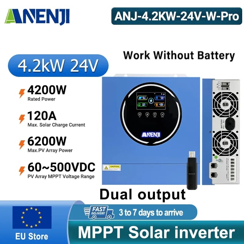 ANENJI 4.2KW Dual output Hybrid Solar Inverter 24V 120A MPPT Pure Sine Wave Solar Controller LCD display PV 500VDC With WiFi