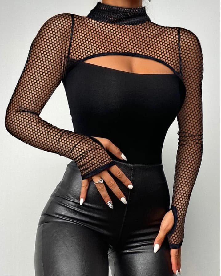 Top Women 2024 Spring Fashion Contrast Mesh Sexy Cutout Long Sleeve Casual Mock Neck Plain Skinny Daily Tee Top Y2K Clothes