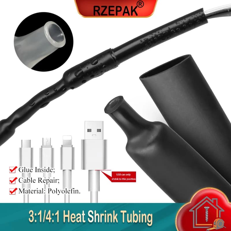 1~10m 3:1/4:1 Ratio Dual Wall Heat Shrink Tube Diameter 1.6- 50mm Adhesive Lined Polyolefin Wrap With Glue Cable Protect Sleeve