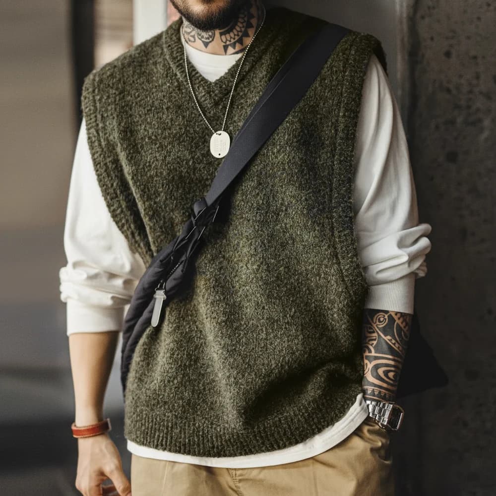 Maden Retro Wool-Blend Knitted V-neck Vest for Layering Pullover Warm Sleeveless Waistcoat for Men's Fall Winter Knitted Tops
