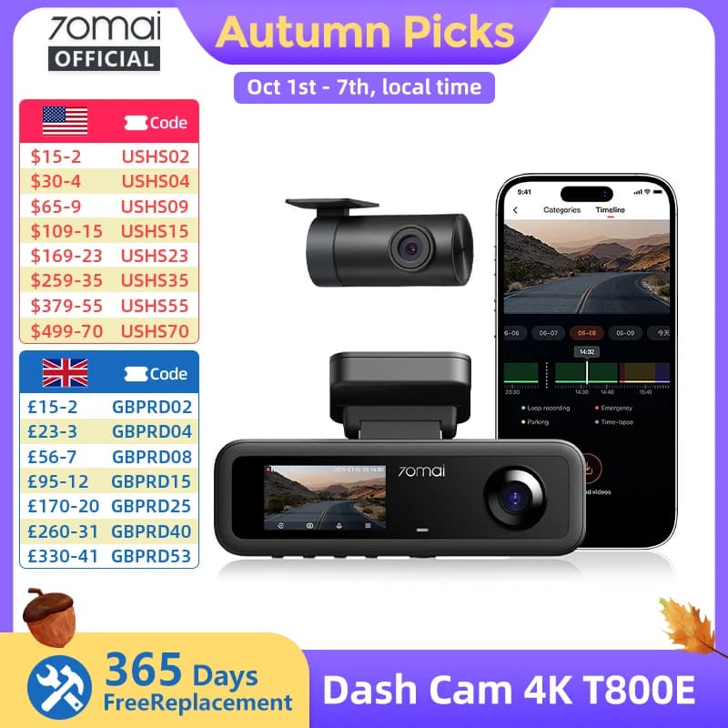 70mai 3-Channel Dash Cam T800E 4K HDR F1.55 Aperture Supercapacitor Voice Control GPS Car DVR 70mai T800E WiFi 6 5GHz