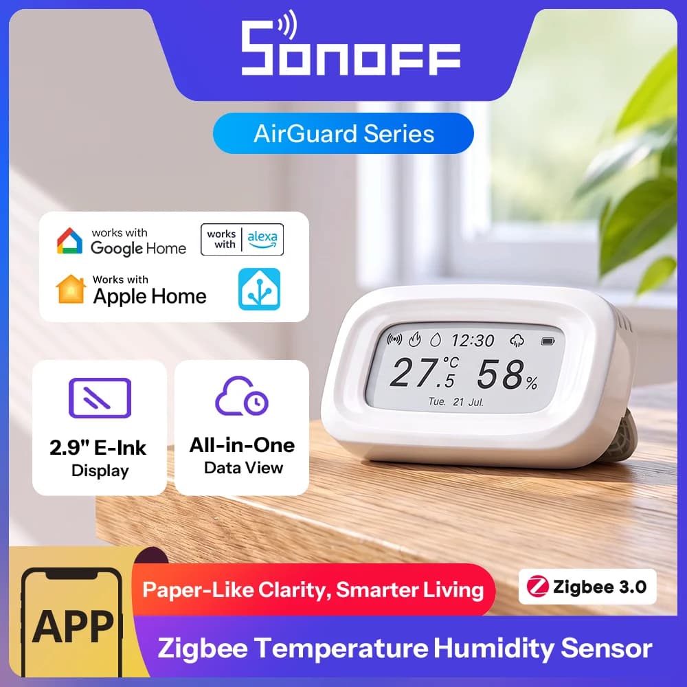 SONOFF E-Ink Zigbee Temperature Humidity Sensor 2.9" Screen AirGuard SNZB-02UL Time Weather Date Display Work with Alexa Google