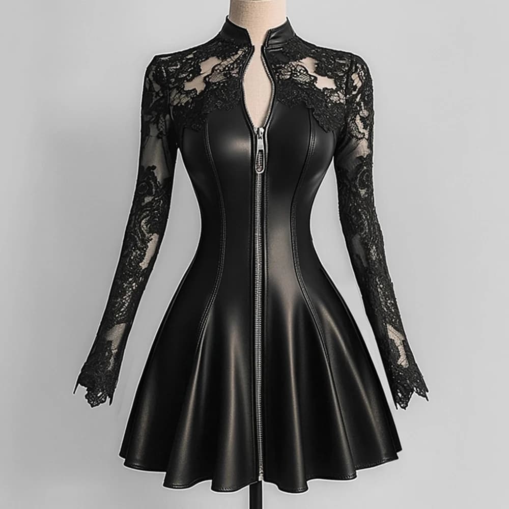 Women’s Elegant PU Leather Dress Black Lace Patchwork Mesh Long Sleeve Zipper Up Bodycon Dress A-Line Party Sexy Mini Dresses