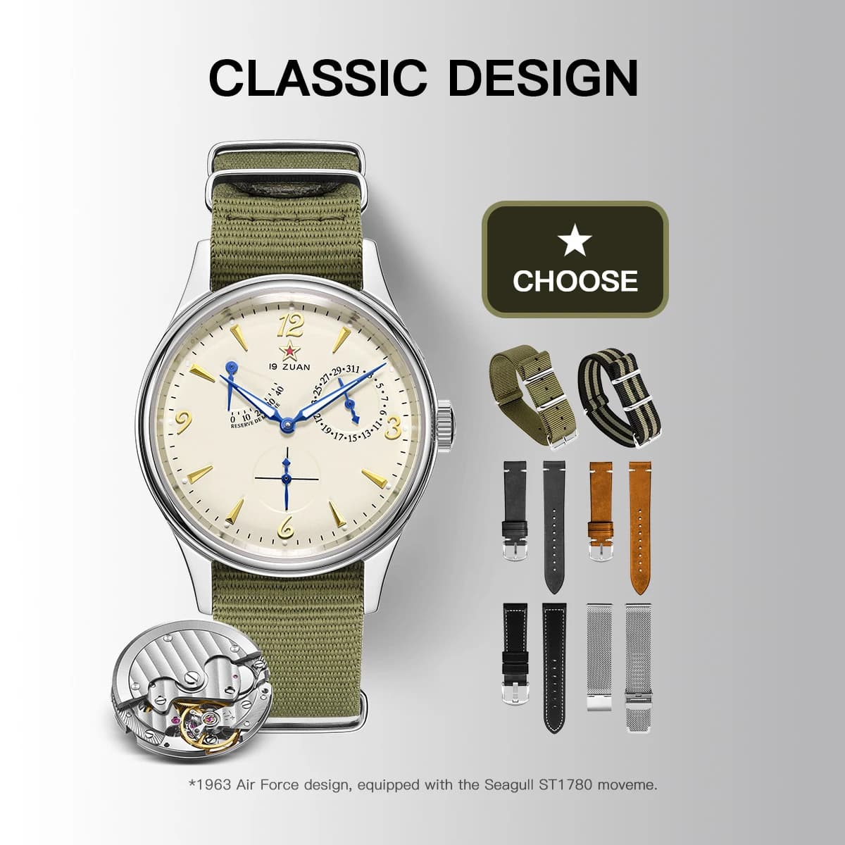 Seagull Mens 1963 Pilot Watch 40mm ST1780 Automatic Mechanical Movement Sapphire Crystal Retro Style Water Resistant 50m