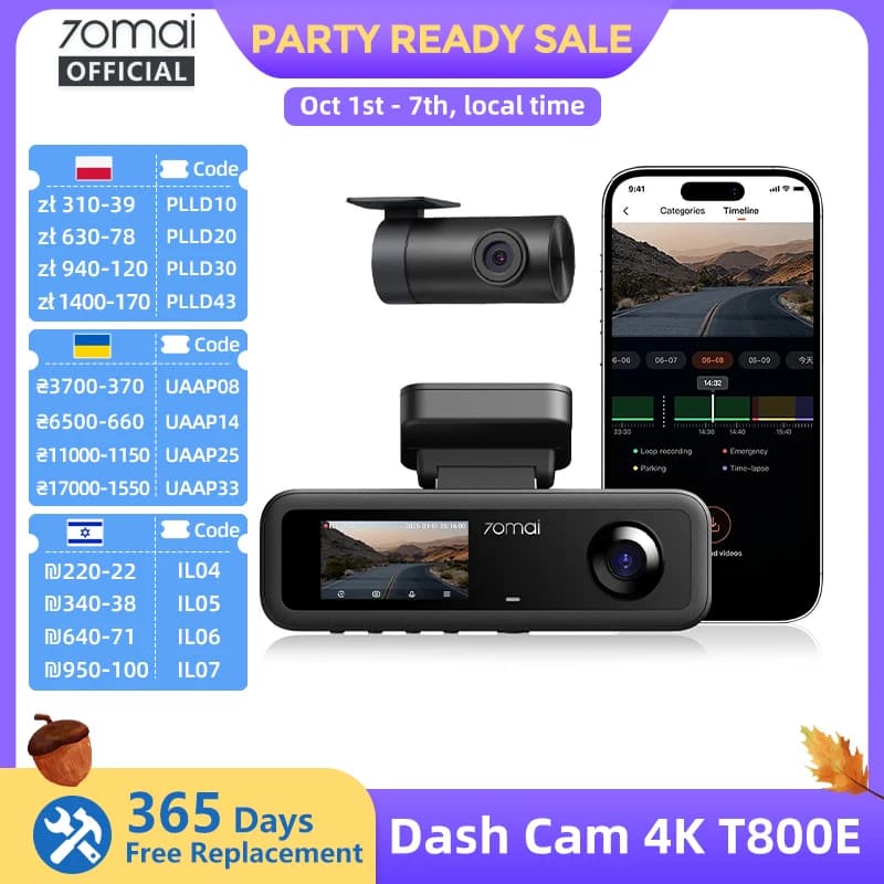 70mai 3-Channel Dash Cam T800E 4K HDR F1.55 Aperture Supercapacitor Voice Control GPS Car DVR 70mai T800E WiFi 6 5GHz