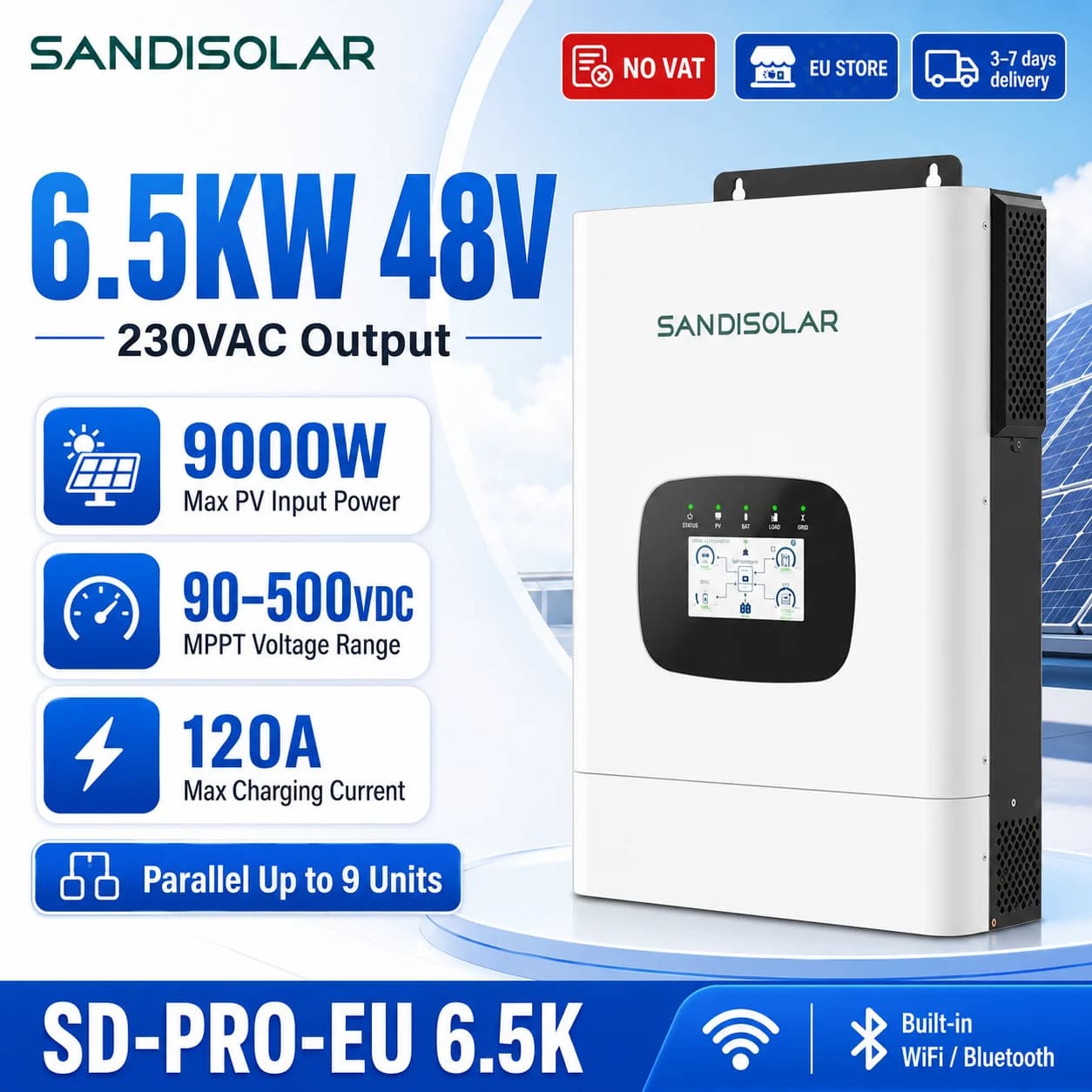 SANDISOLAR 4.2KW 6.5KW Hybrid Solar Inverter 24V 48V Off Grid Pure Sine Wave MPPT WiFi RS485 Generator Input Smart Load